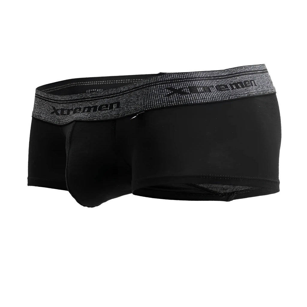 Black men’s boxer briefs in cotton blend black with gray textured waistband featuring the Xtremen logo