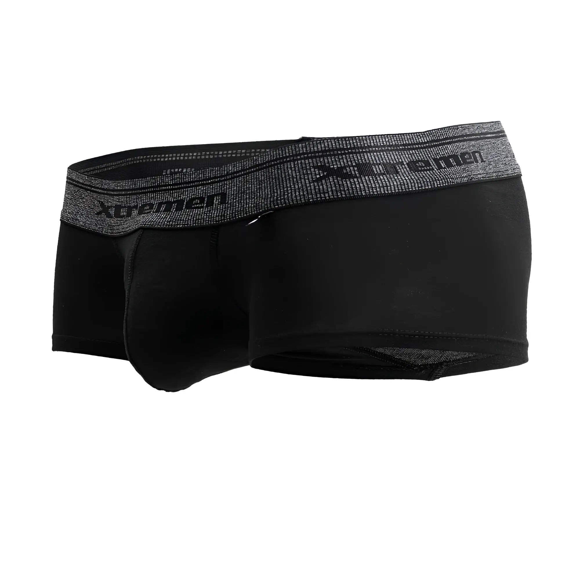 Black men’s boxer briefs in cotton blend black with gray textured waistband featuring the Xtremen logo