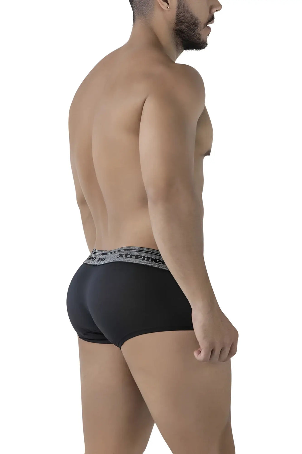 Black mens briefs with gray elastic waistband featuring xtreme brand name in cotton blend trunks color black