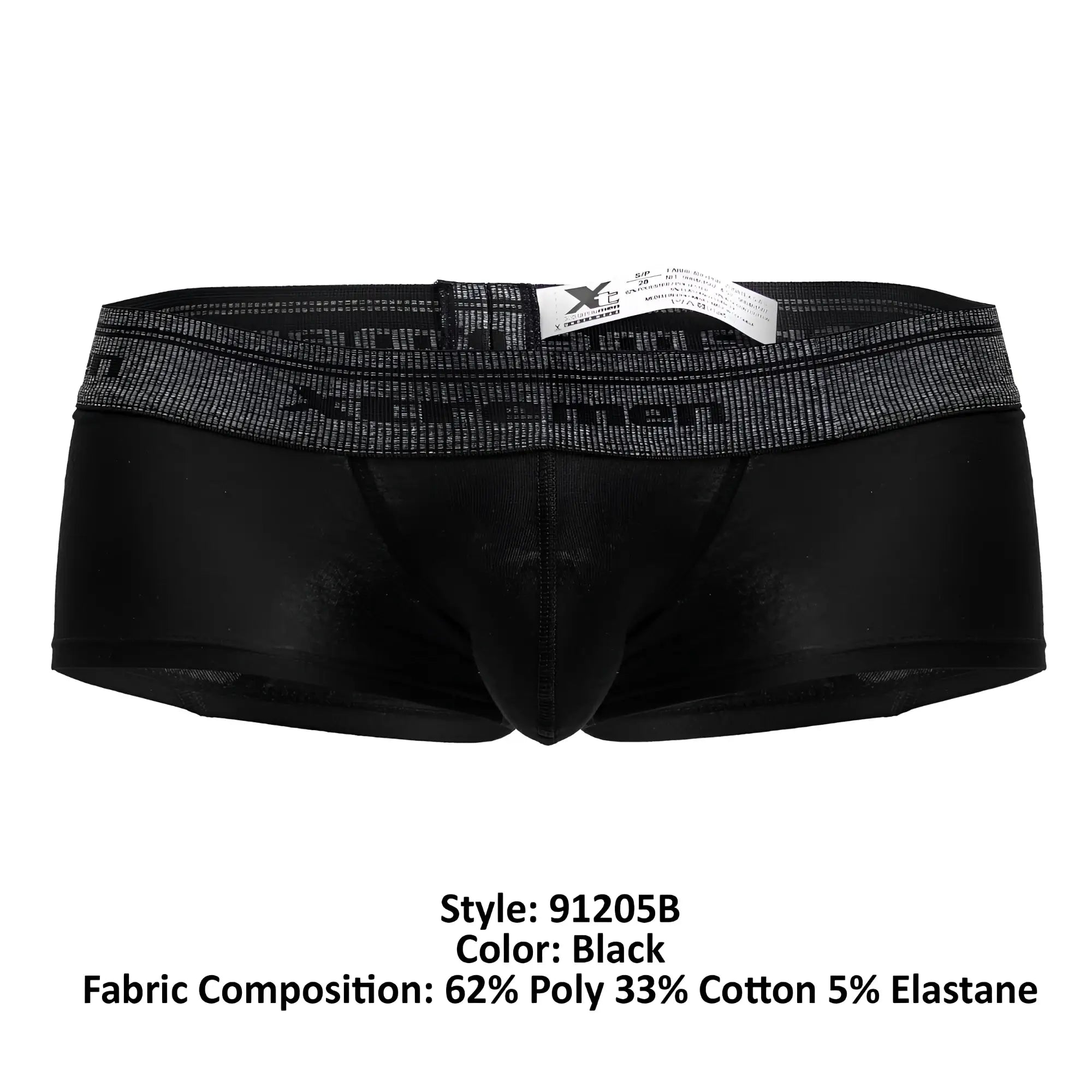 Black xtremen 91205b cotton blend trunks with a textured dark gray waistband and x-hercules logo in black lettering