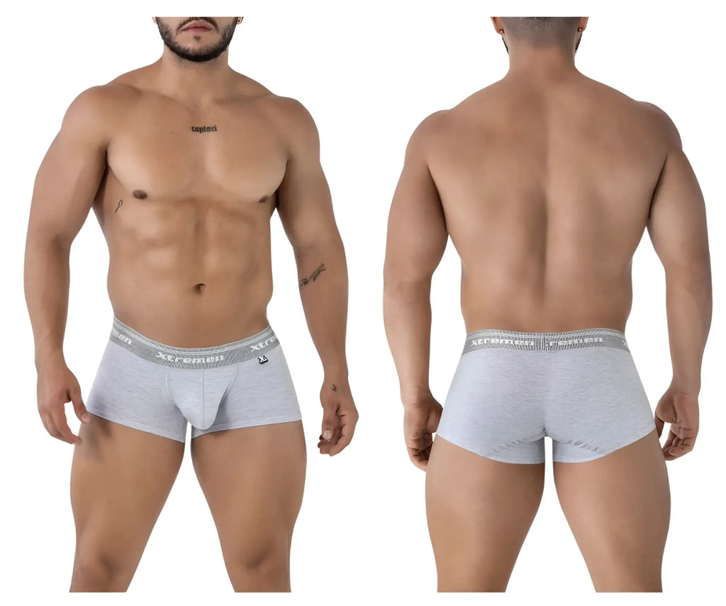 Gray heathered cotton blend briefs with gray elastic waistband and xtremen brand logo in black text color jasper gray