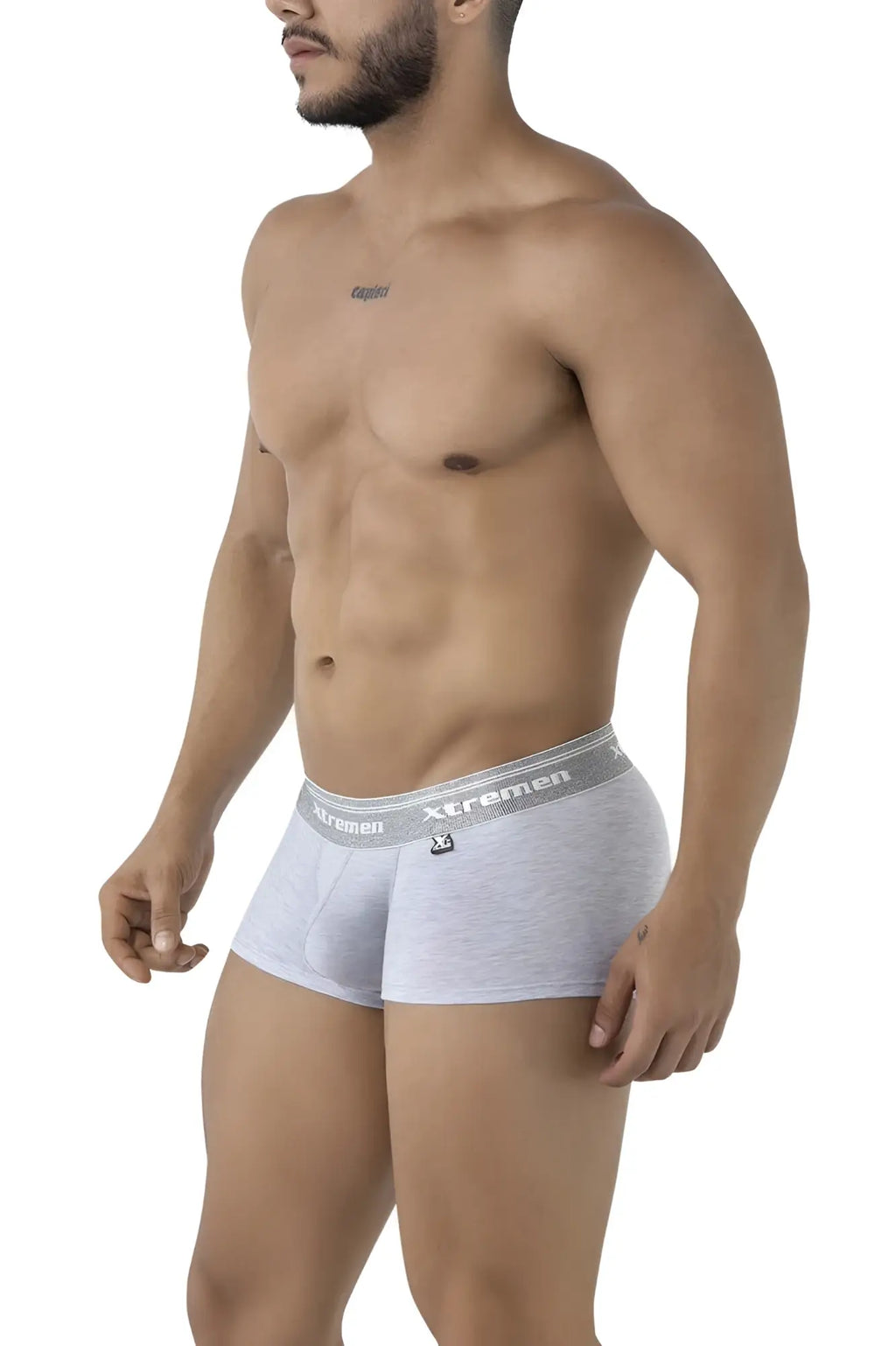 Gray heathered cotton blend briefs with silver elastic waistband featuring xtremen brand name and logo in jasper gray