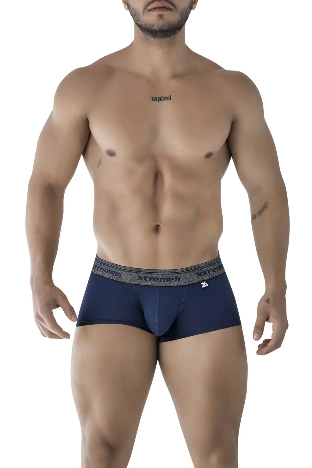 Navy blue Xtremen 91205B cotton blend men’s boxer briefs with gray elastic waistband featuring brand logo