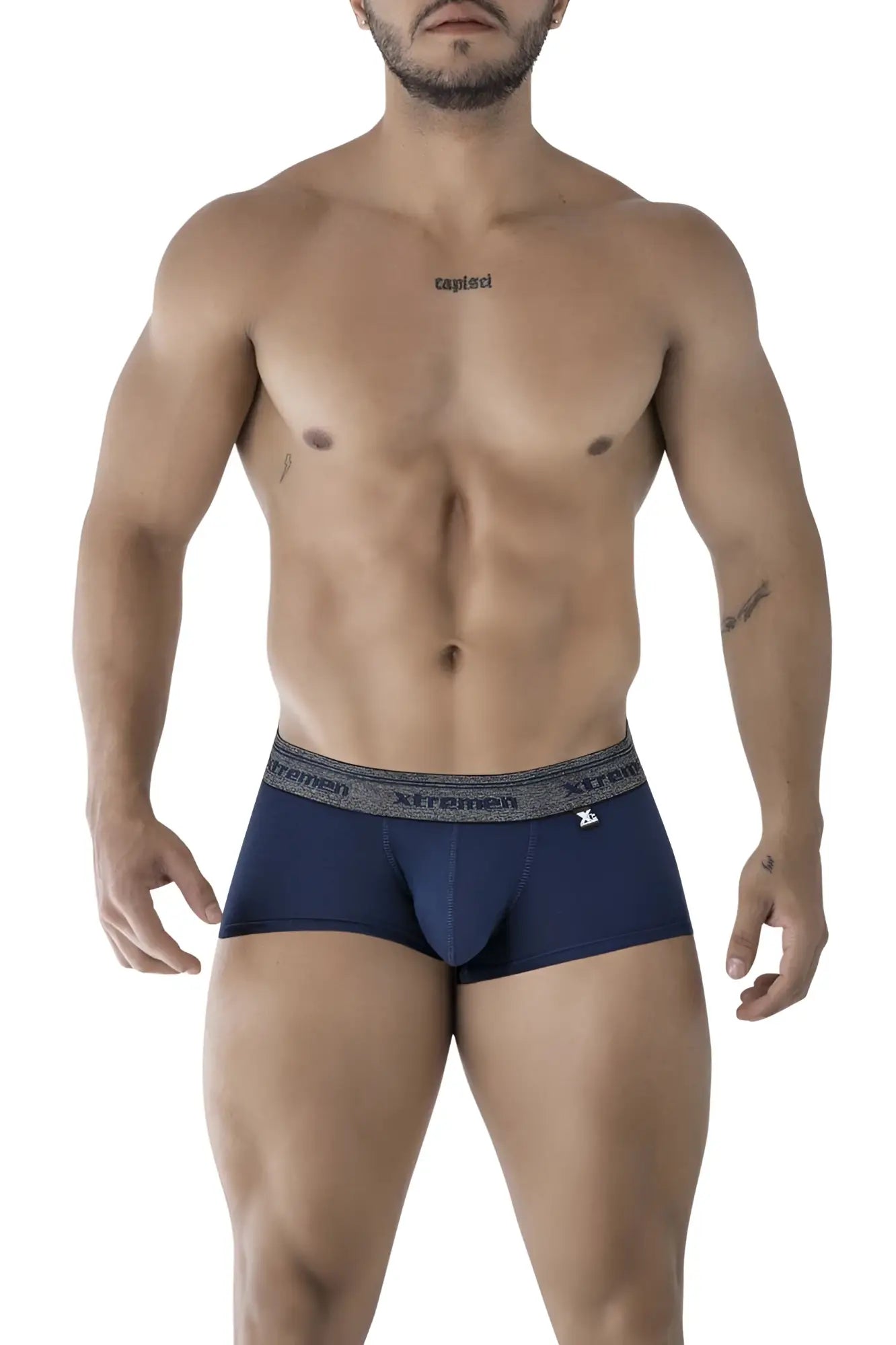 Navy blue Xtremen 91205B cotton blend men’s boxer briefs with gray elastic waistband featuring brand logo