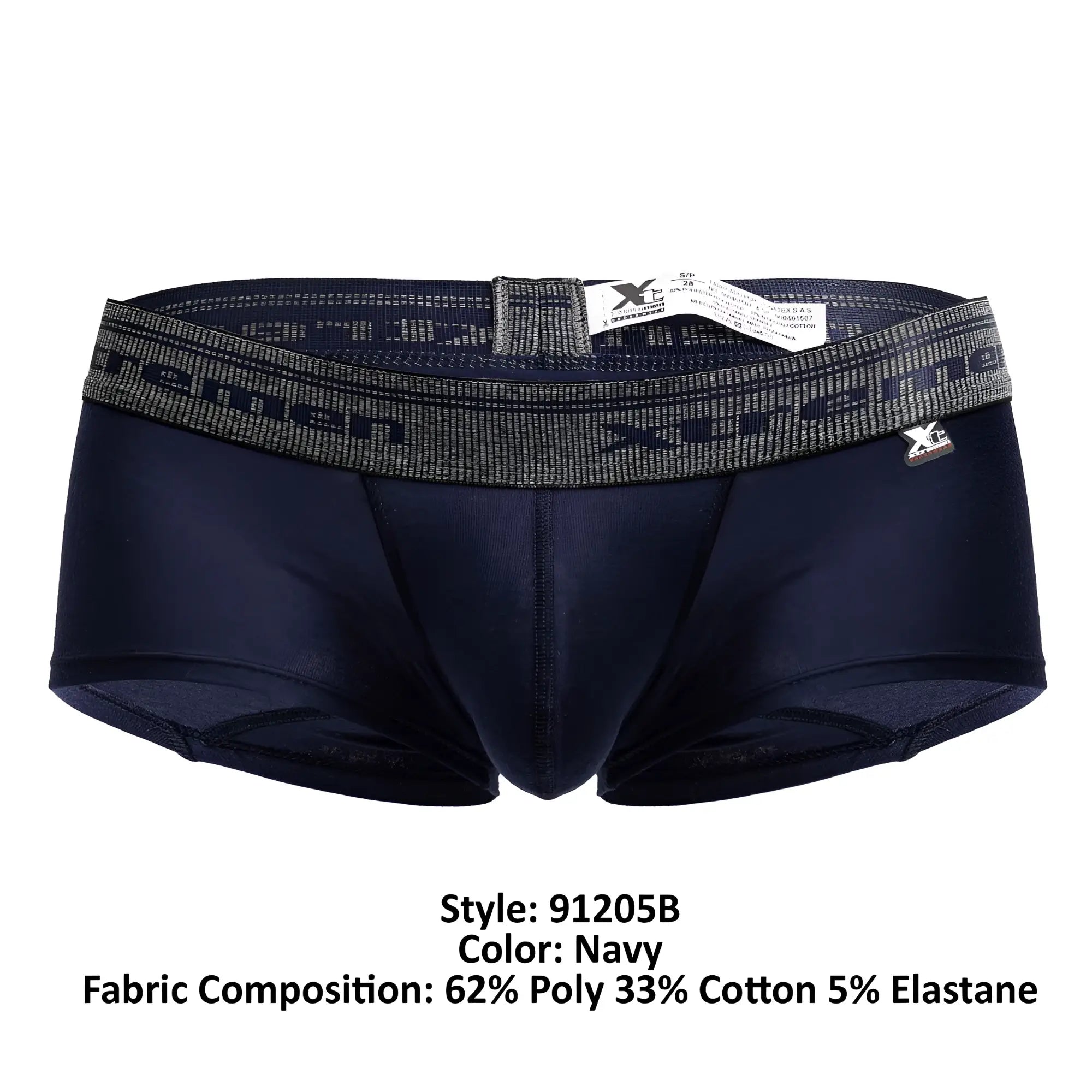 Navy blue xtremen 91205b cotton blend men’s briefs with gray elastic waistband featuring xcemen logo and text
