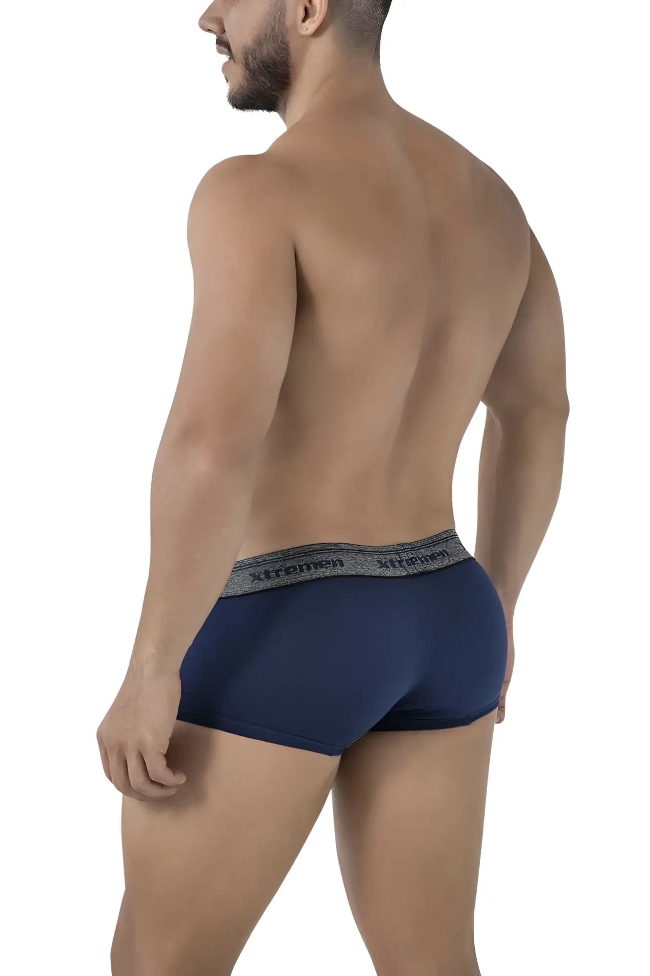 Navy blue men’s briefs with cotton blend fabric and textured gray waistband featuring the Xtremen brand name