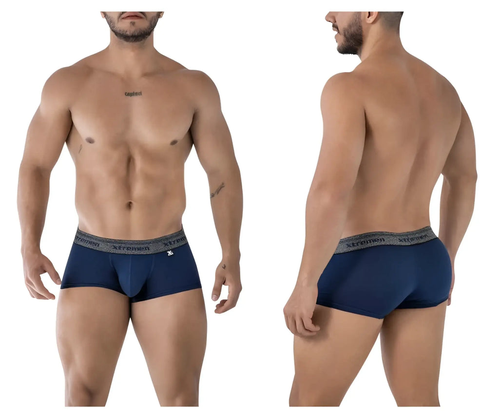 Navy blue xtremen 91205b cotton blend stretch trunks with gray elastic waistband and xtremen logo