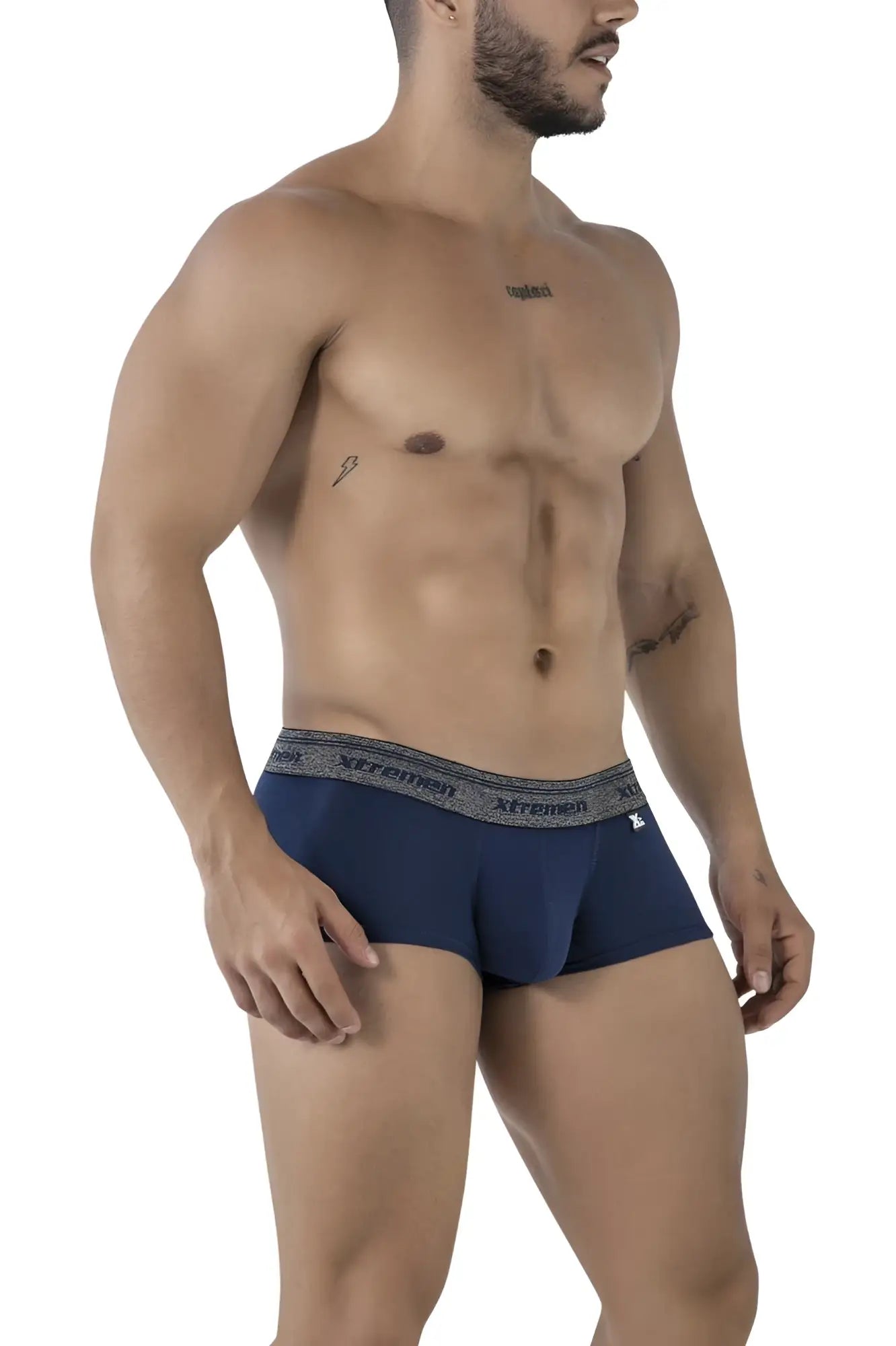 Navy xtremen 91205b cotton blend briefs with gray elastic waistband featuring black xtremen branding