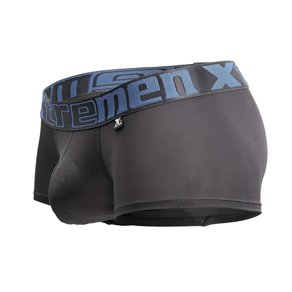 Black men’s microfiber boxer briefs in gray with a blue and gray extremen x logo waistband front view