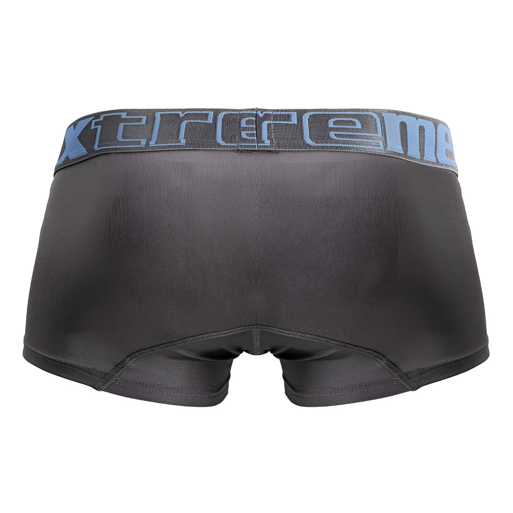 Black men’s microfiber briefs in gray with a gray waistband featuring blue xtreme lettering model 91206b