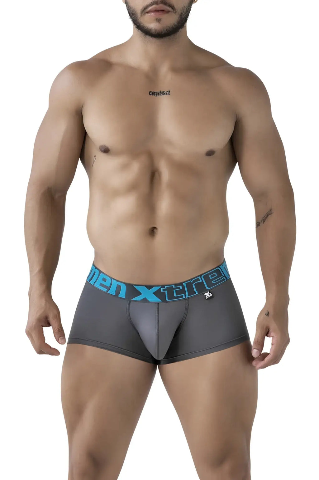Gray men’s microfiber boxer briefs with blue men xtreme elastic waistband and brand emblem xtremen 91206b trunks