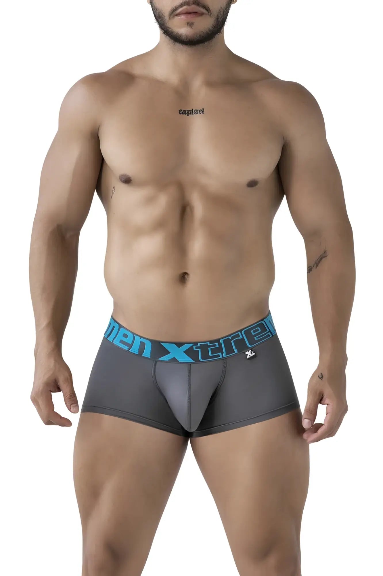 Gray men’s microfiber boxer briefs with blue men xtreme elastic waistband and brand emblem xtremen 91206b trunks