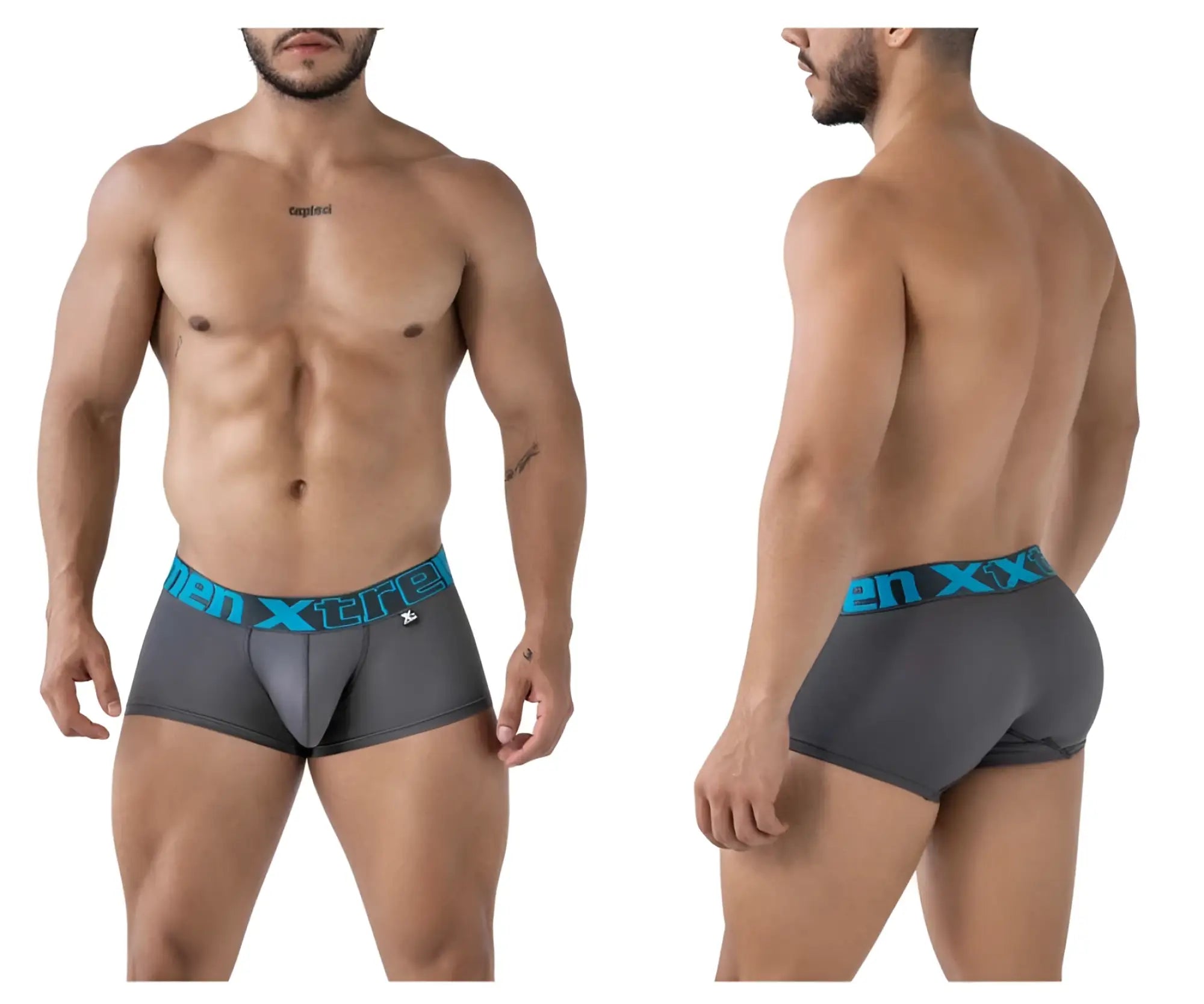 Gray men’s microfiber boxer briefs with teal elastic waistband and xtreme logo in xtremen 91206b trunks