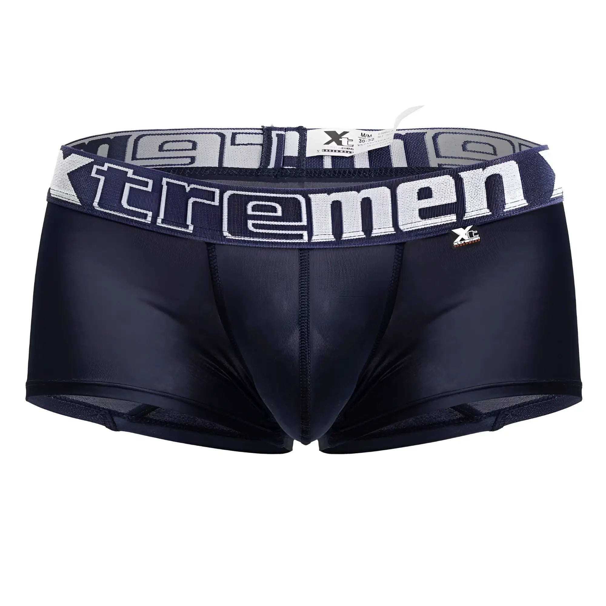 Black xtremen 91206b microfiber men’s briefs with gray white branded waistband in navy color front view