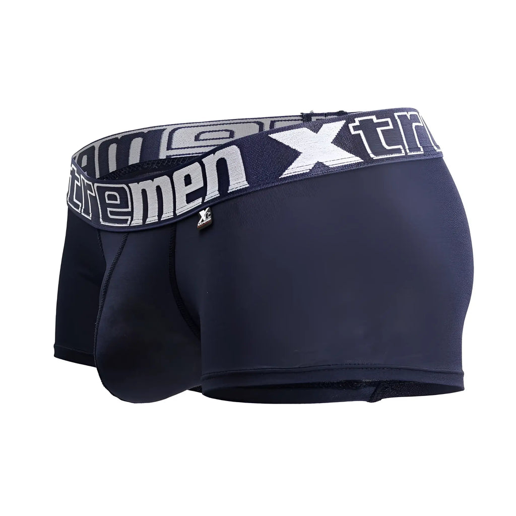 Navy blue xtremen 91206b microfiber men’s boxer briefs with white and gray logo waistband front view