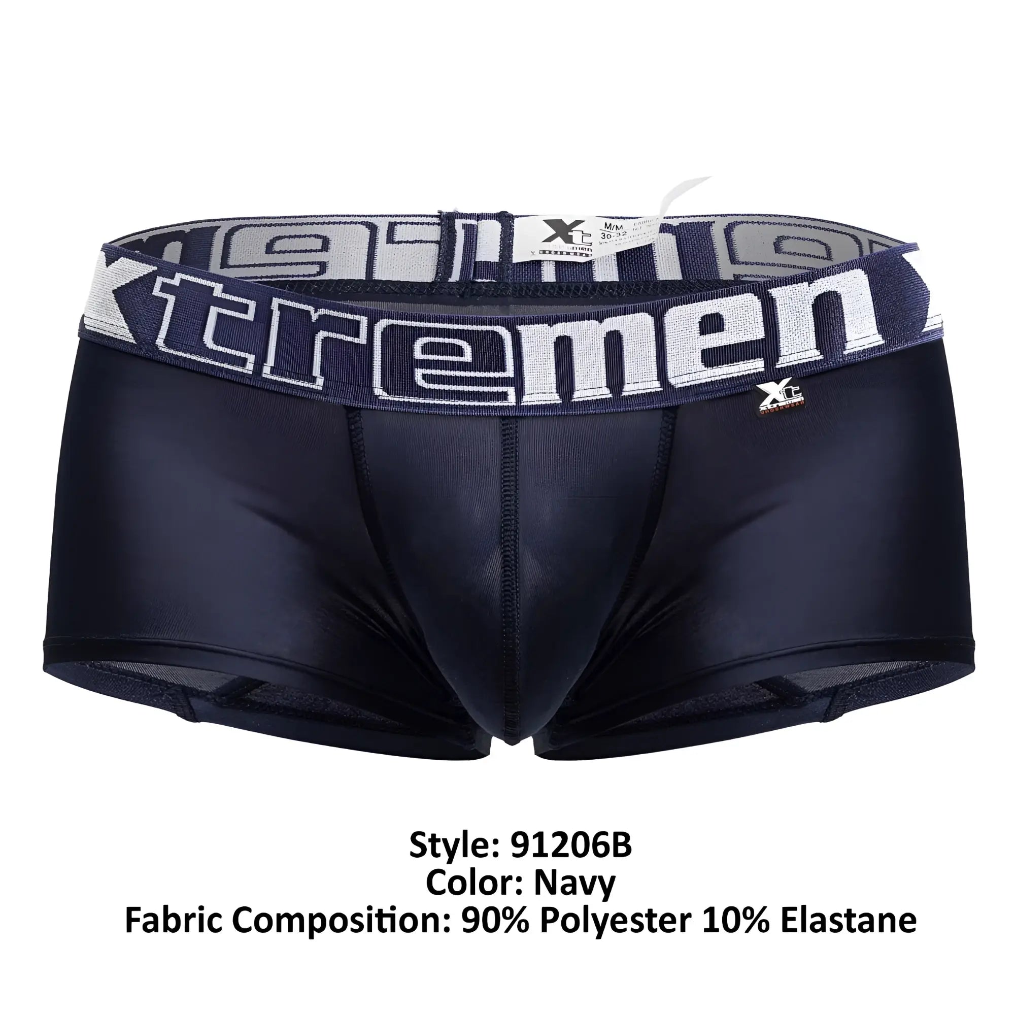 Navy blue xtremen 91206b microfiber trunks with a textured waistband featuring white and gray xtremen logo