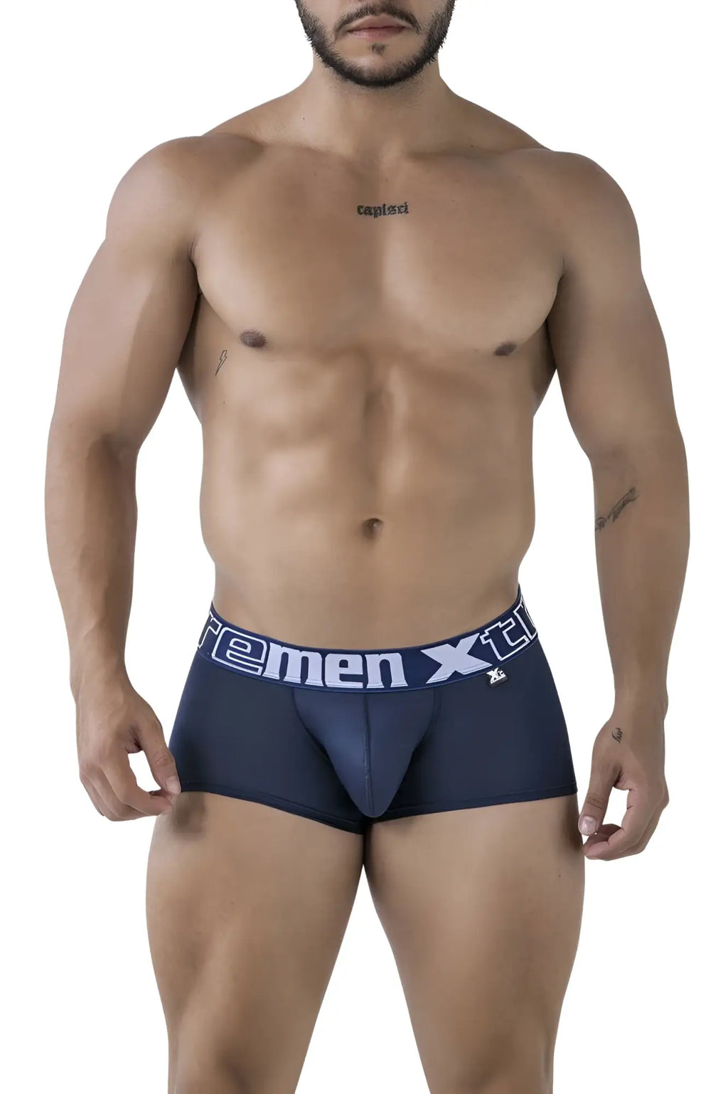 Navy blue xtremen 91206b microfiber men’s briefs with white elastic waistband featuring xtreme logo and emblem