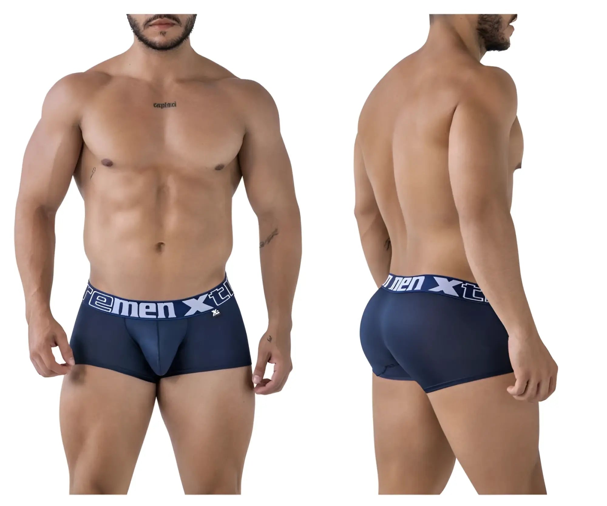 Navy blue Xtremen 91206B microfiber men’s briefs with white xtreme men branding on the waistband