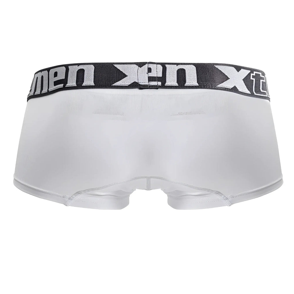 White xtremen 91206b microfiber trunks with black elastic waistband and silver xen logo for men