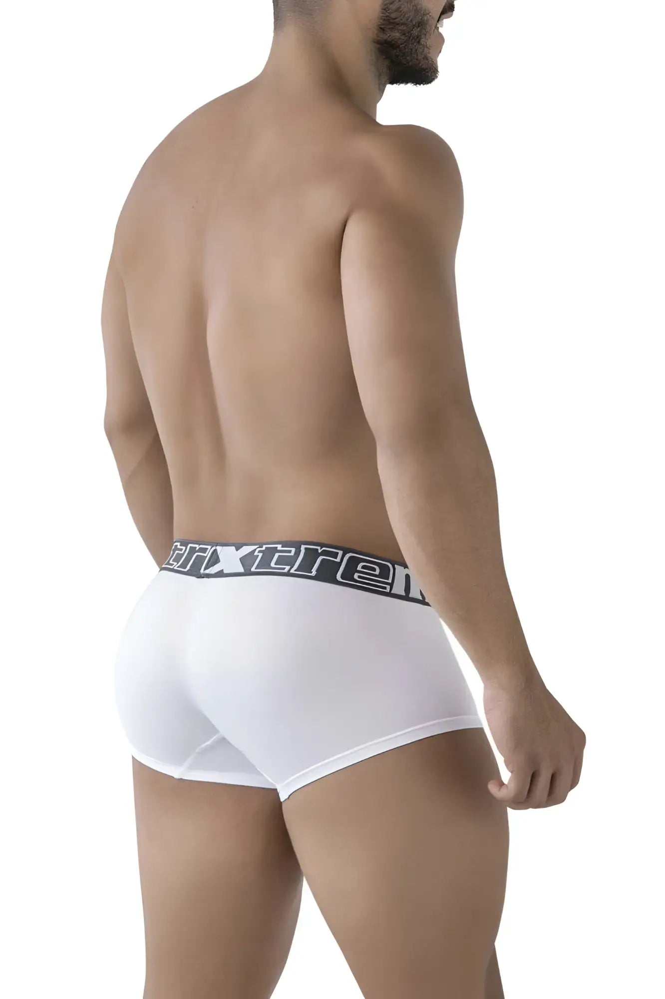White men’s microfiber briefs with black and gray elastic waistband featuring the extrem logo xtremen 91206b trunks