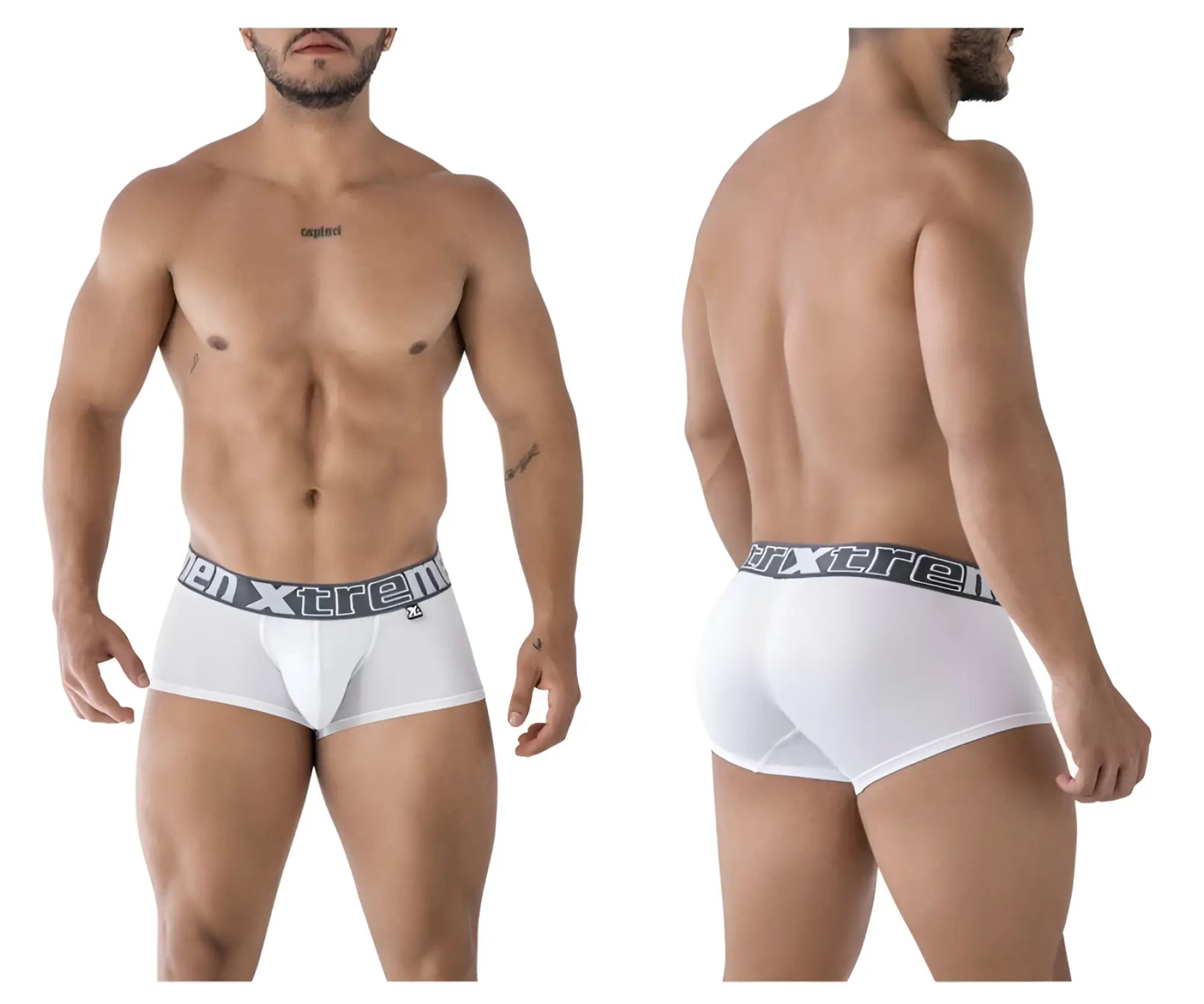 White xtremen 91206b microfiber trunks with gray elastic waistband featuring xtreme logo for men