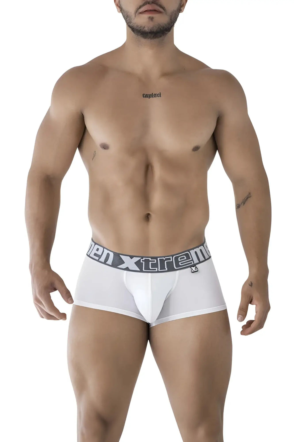 White men’s microfiber briefs with a gray elastic waistband featuring men xtreme logo and brand emblem