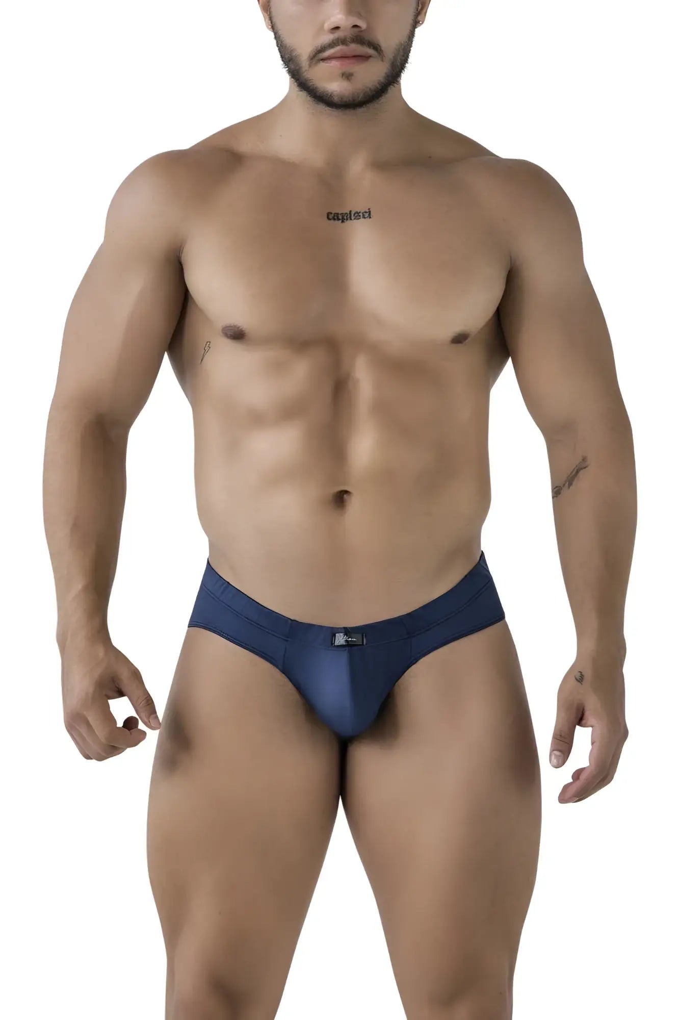 Navy blue xtremen 91207B microfiber men’s briefs with a subtle logo on the waistband front view