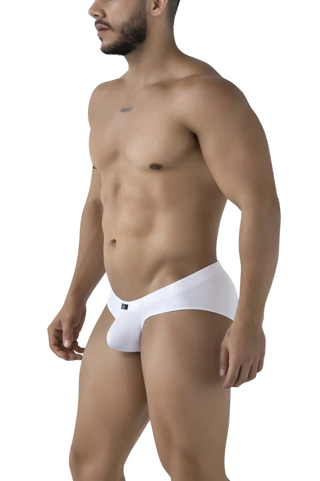 White xtremen 91207b microfiber briefs with a sleek form-fitting design and small black logo on the left hip