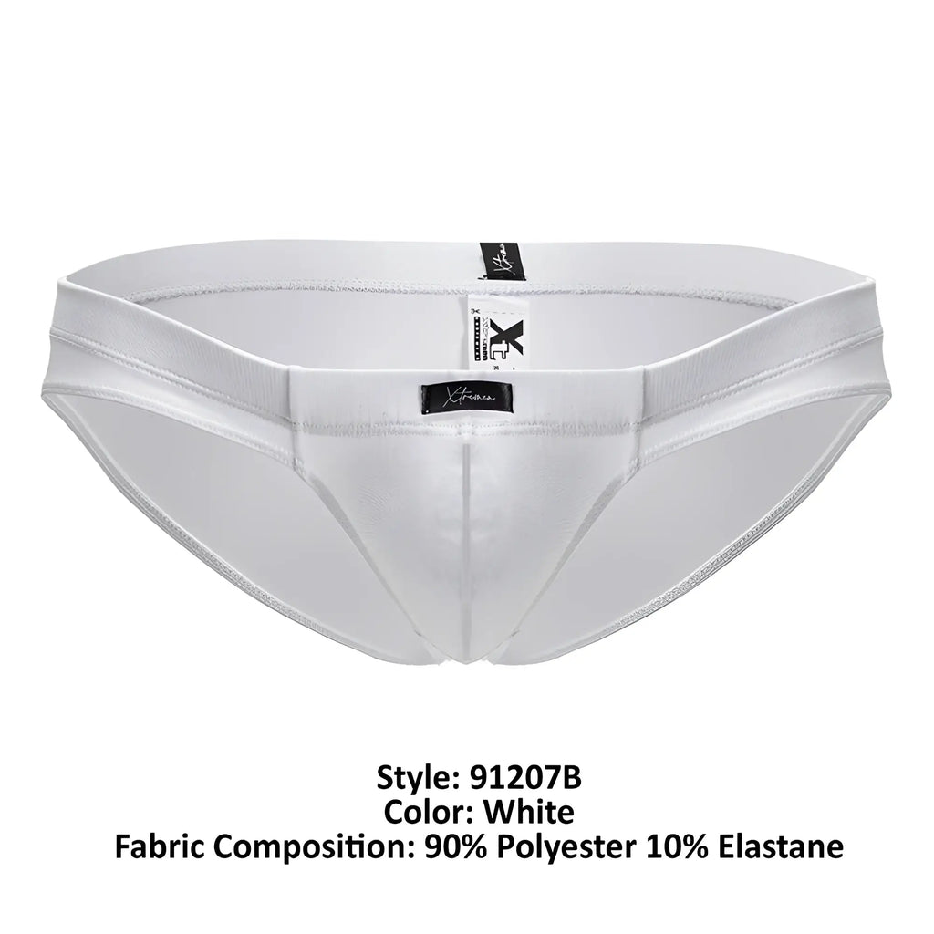 White xtremen 91207b microfiber briefs with sleek form fitting design and elastic waistband shown from the back