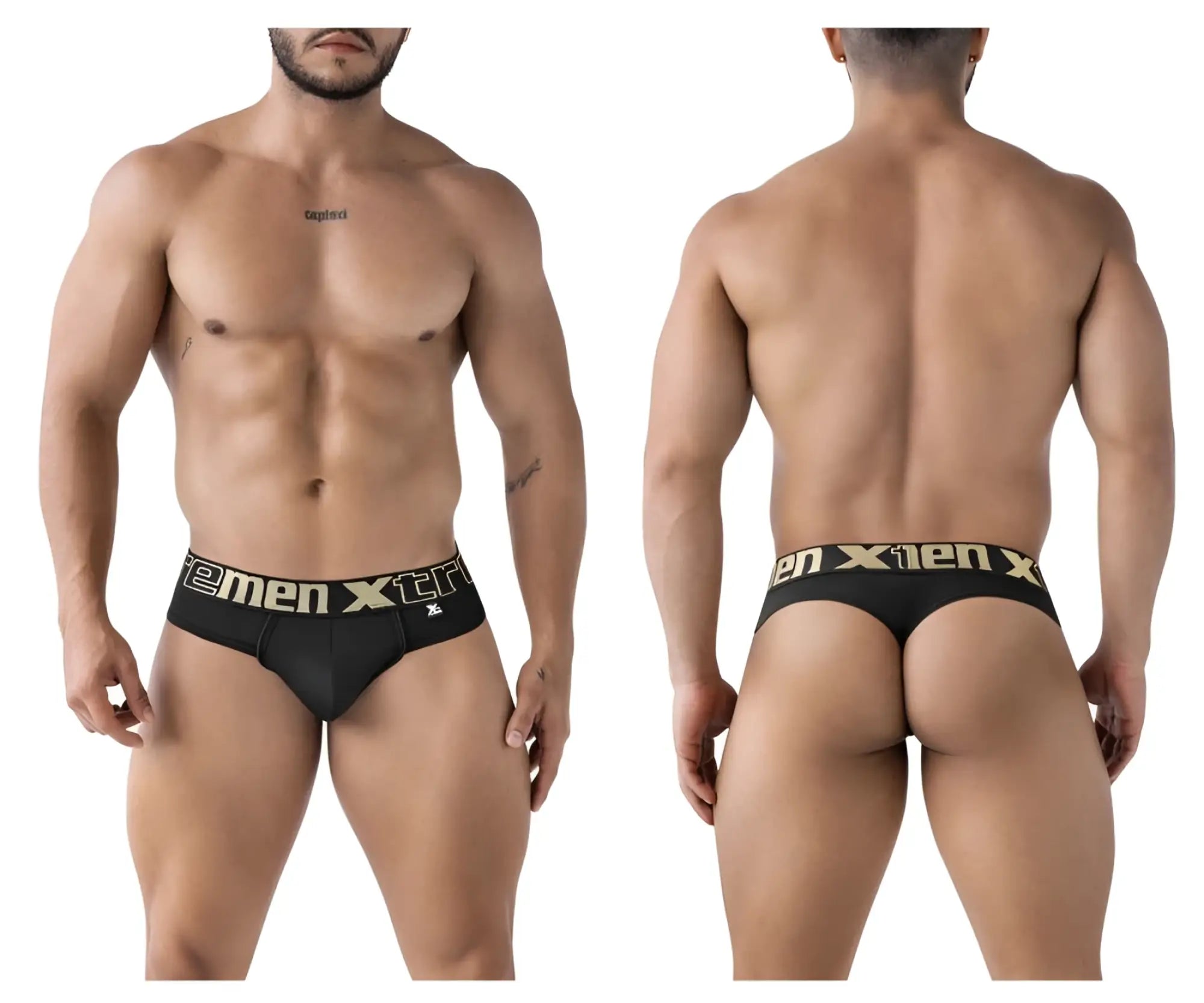 Black mens microfiber briefs with gold men xtr branding and logo on the waistband xtremen 91208b thong