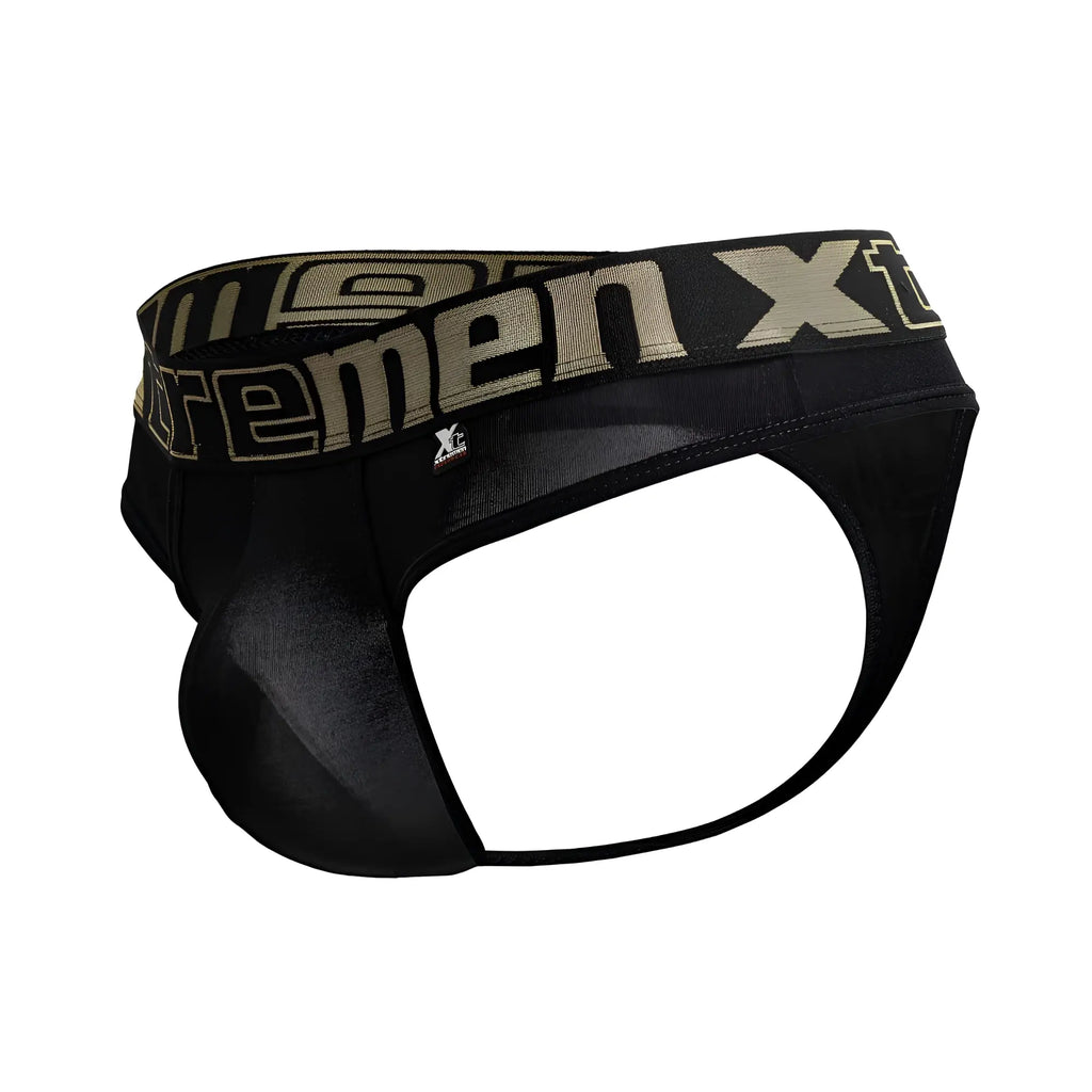 Black xtremen 91208b microfiber thongs with tan and black xtreme logo band showing front view