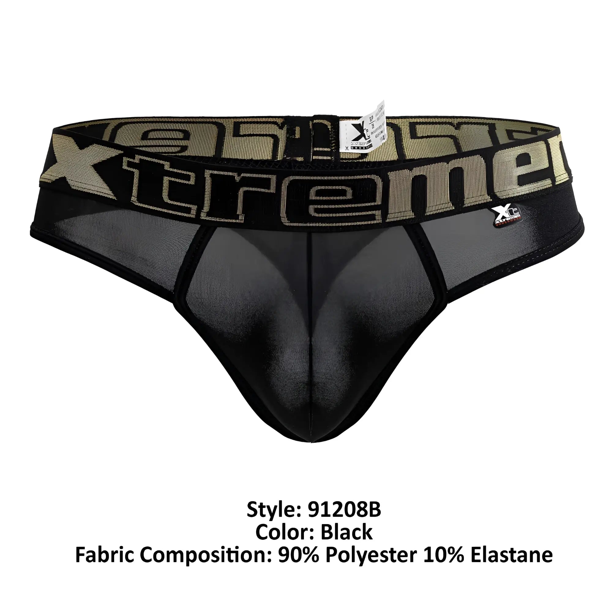 Black xtremen 91208b microfiber thongs with black mesh and olive green xtreme logo waistband shown from front