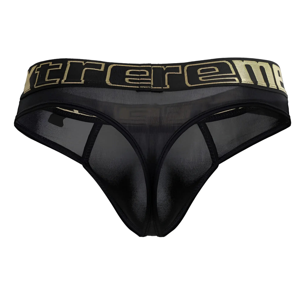 Black mesh microfiber thong with wide waistband featuring gold extreme lettering xtremen 91208b model
