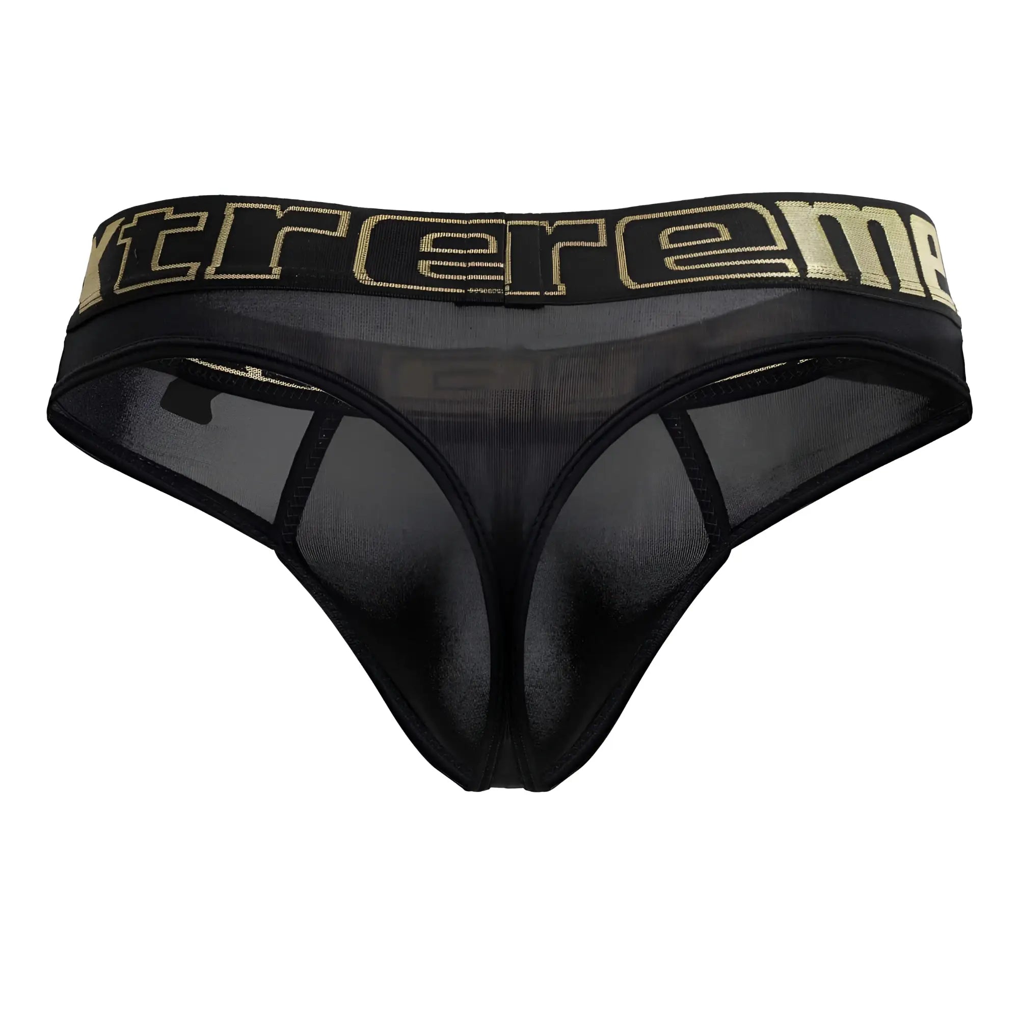 Black mesh microfiber thong with wide waistband featuring gold extreme lettering xtremen 91208b model