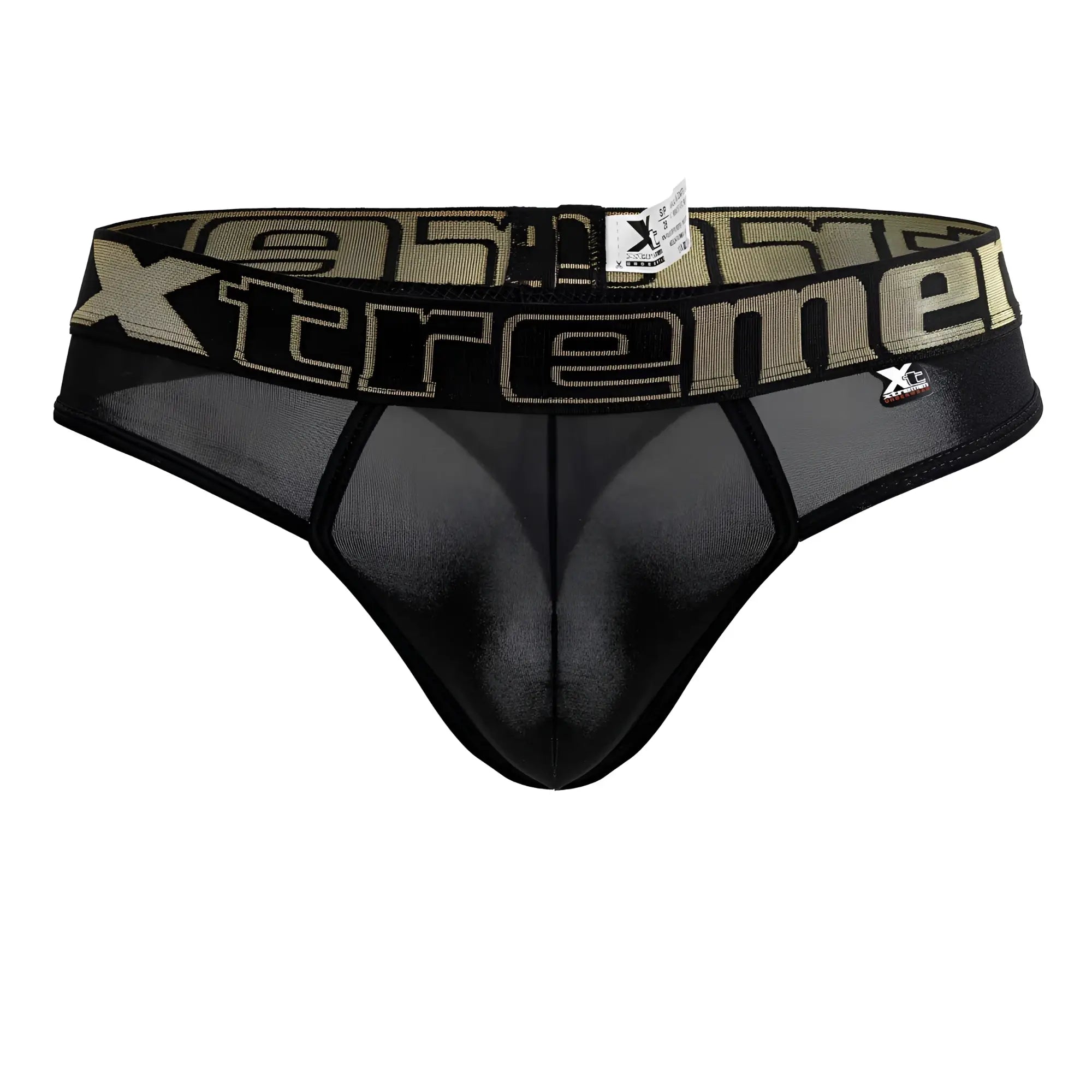 Black xtremen 91208b microfiber thong with mesh fabric and wide waistband featuring olive green xtreme lettering