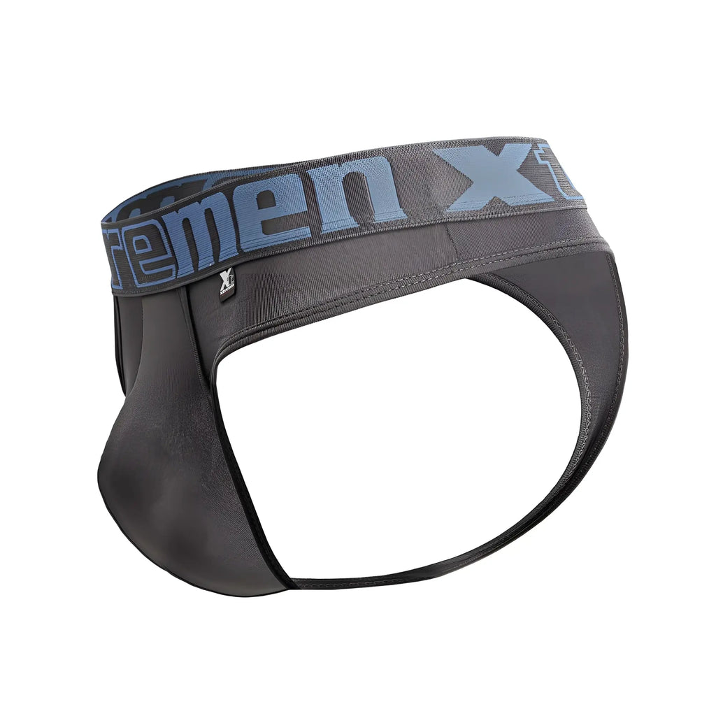 Black men’s briefs in microfiber with gray waistband and blue extreme x logo from xtremen 91208b collection