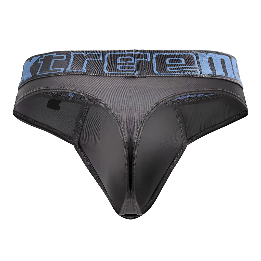 Black microfiber thong in gray with blue and gray extreme logo on the waistband showing the back side