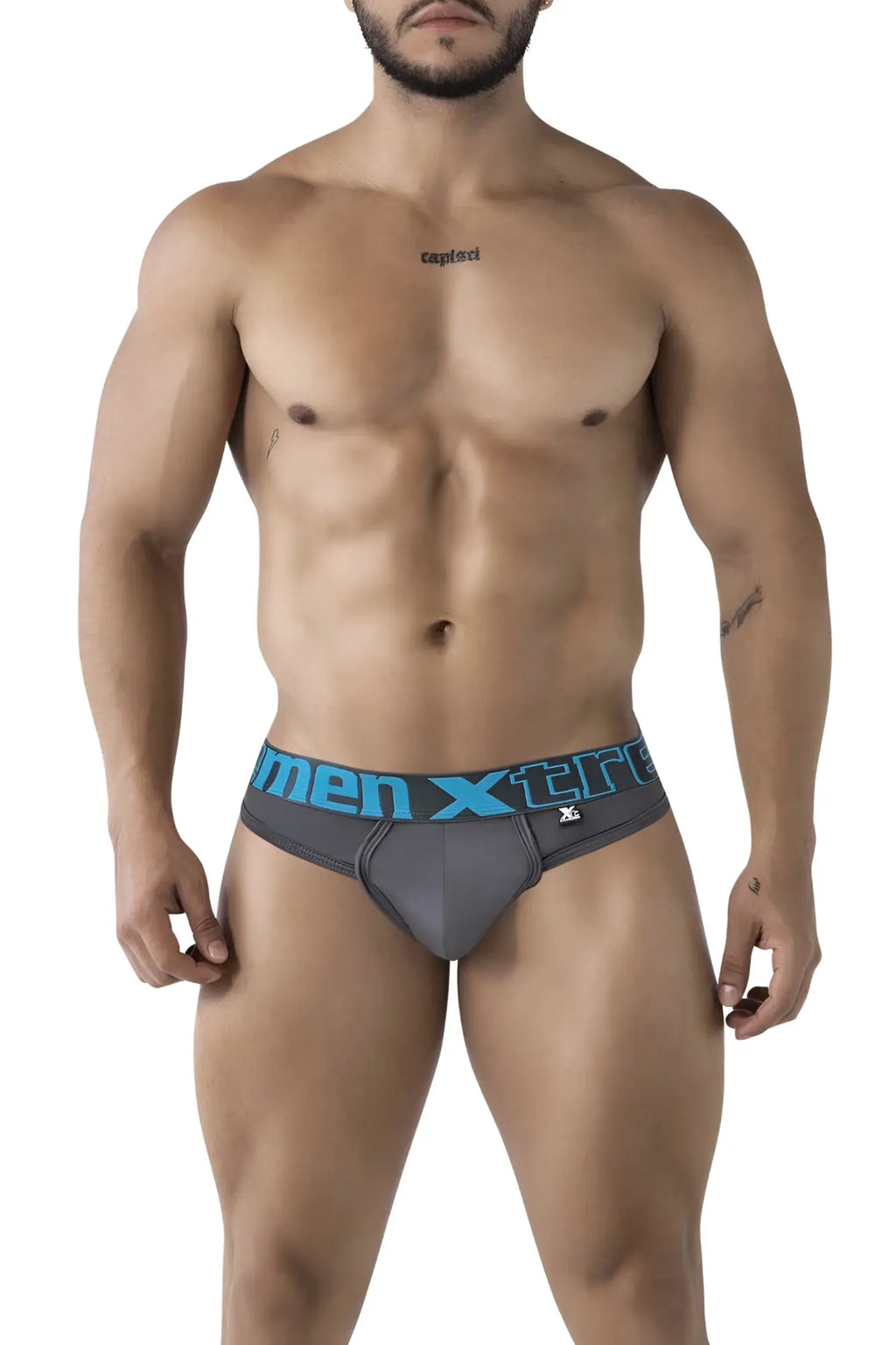 Gray men’s microfiber briefs with blue men xtre waistband and small side logo xtremen 91208b micro thong