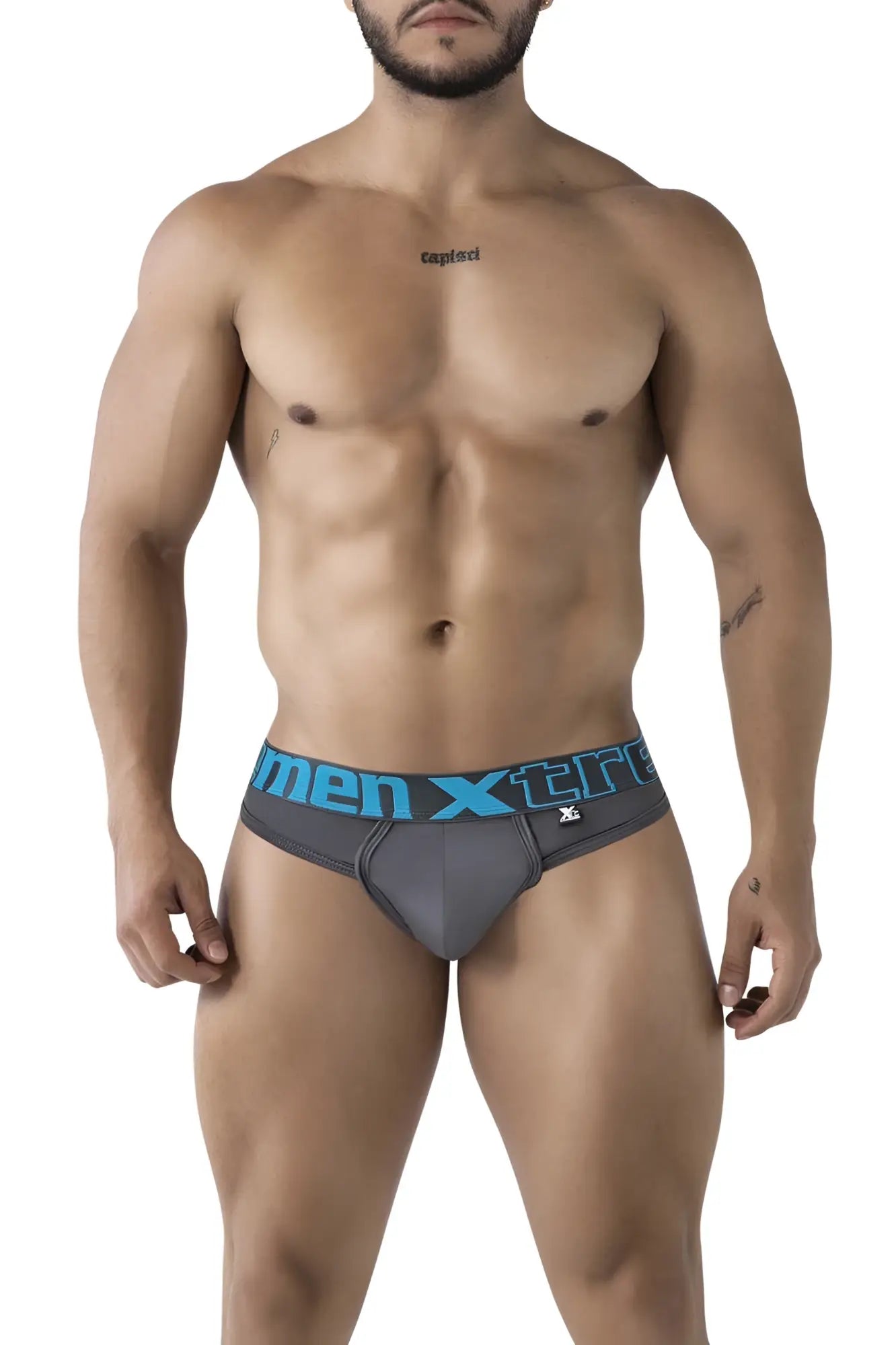 Gray men’s microfiber briefs with blue men xtre waistband and small side logo xtremen 91208b micro thong