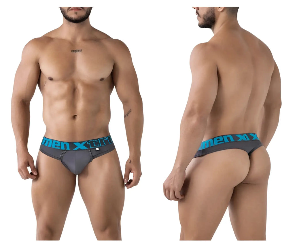 Gray xtremen 91208b microfiber men’s briefs with teal elastic waistband featuring the men x logo