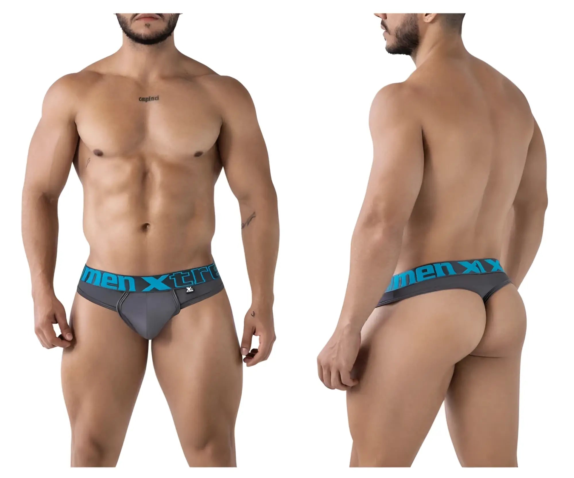 Gray xtremen 91208b microfiber men’s briefs with teal elastic waistband featuring the men x logo