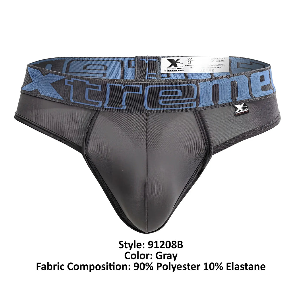 Gray xtremen 91208b microfiber thong with blue and black xtreme branded waistband made of polyester and elastane