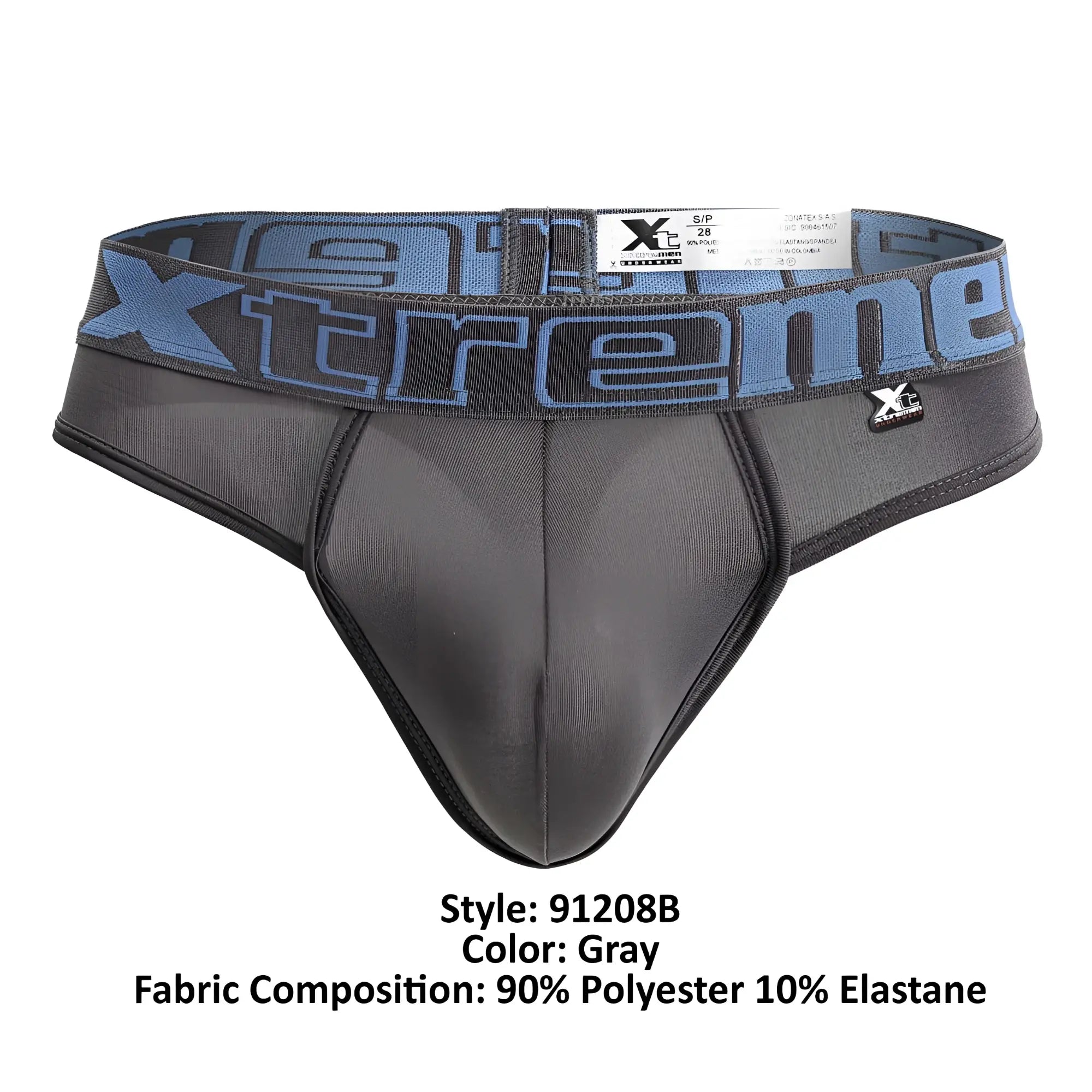 Gray xtremen 91208b microfiber thong with blue and black xtreme branded waistband made of polyester and elastane