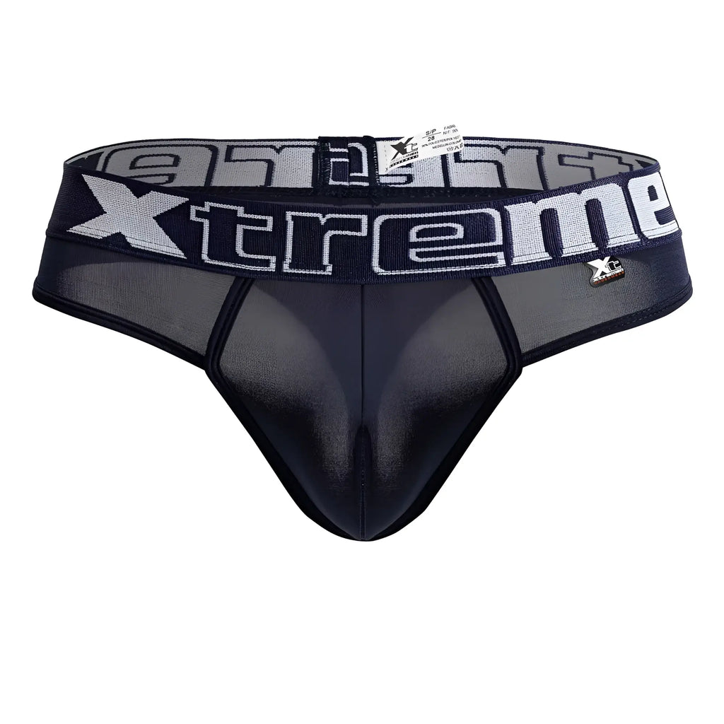 Black and gray mesh briefs with bold xtreme logo on waistband in navy microfiber thongs xtremen 91208b