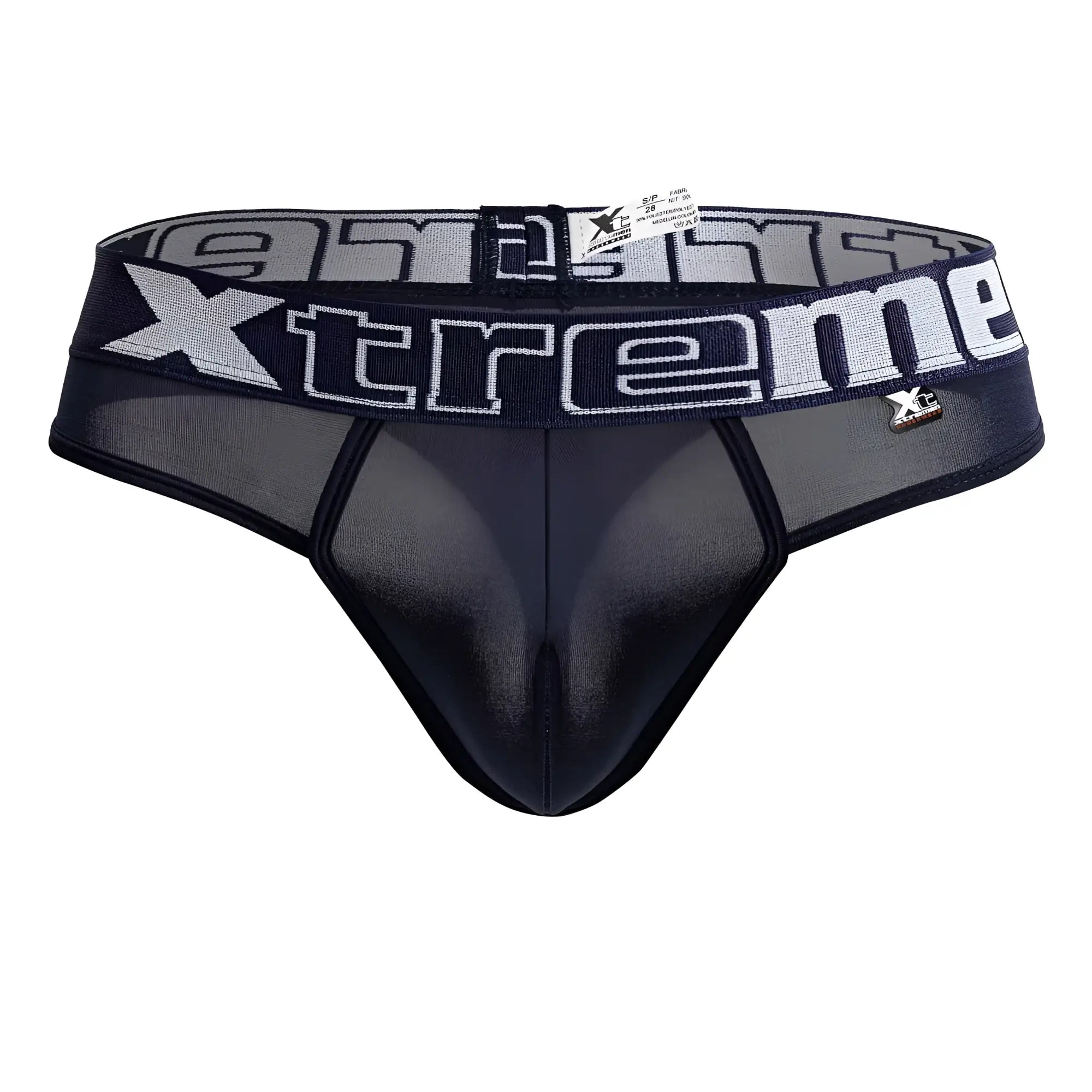 Black and gray mesh briefs with bold xtreme logo on waistband in navy microfiber thongs xtremen 91208b