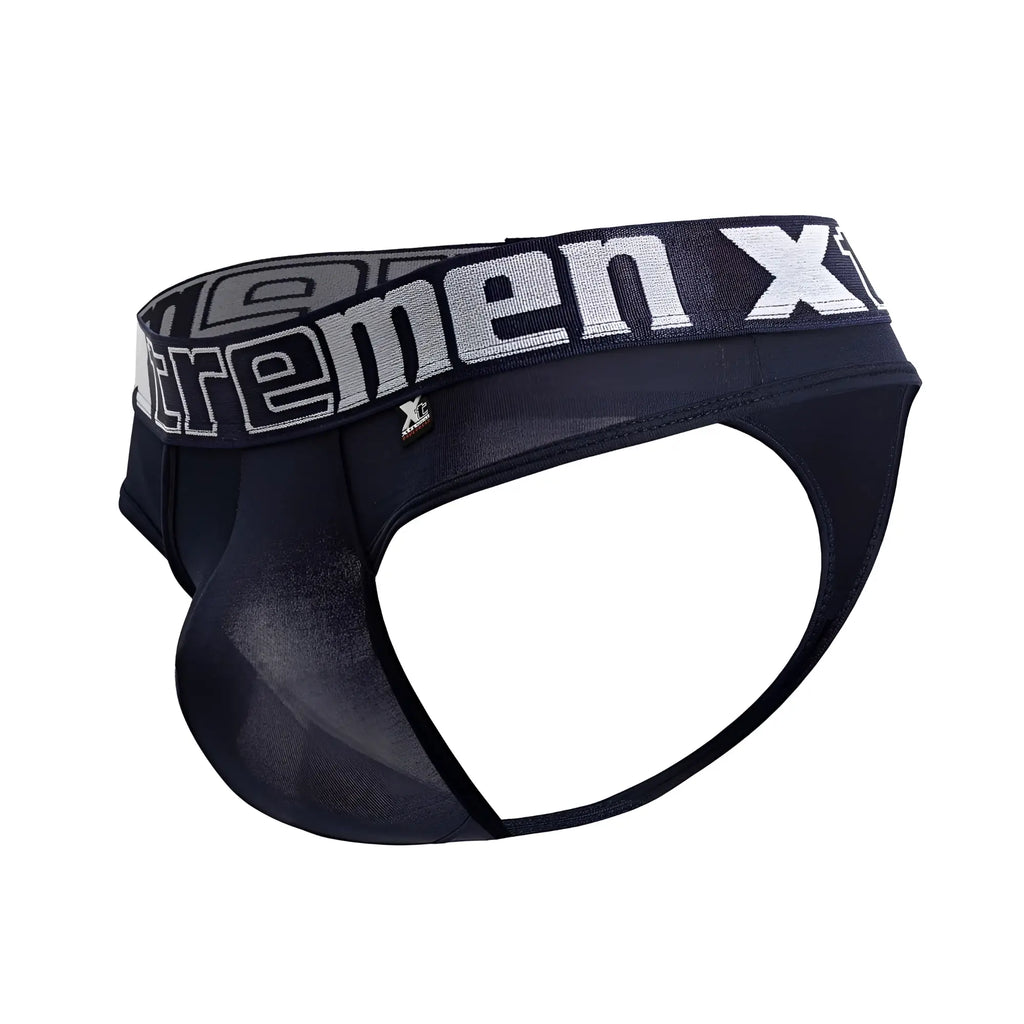 Navy microfiber thongs with black briefs and gray and white xtremen x logo waistband front view