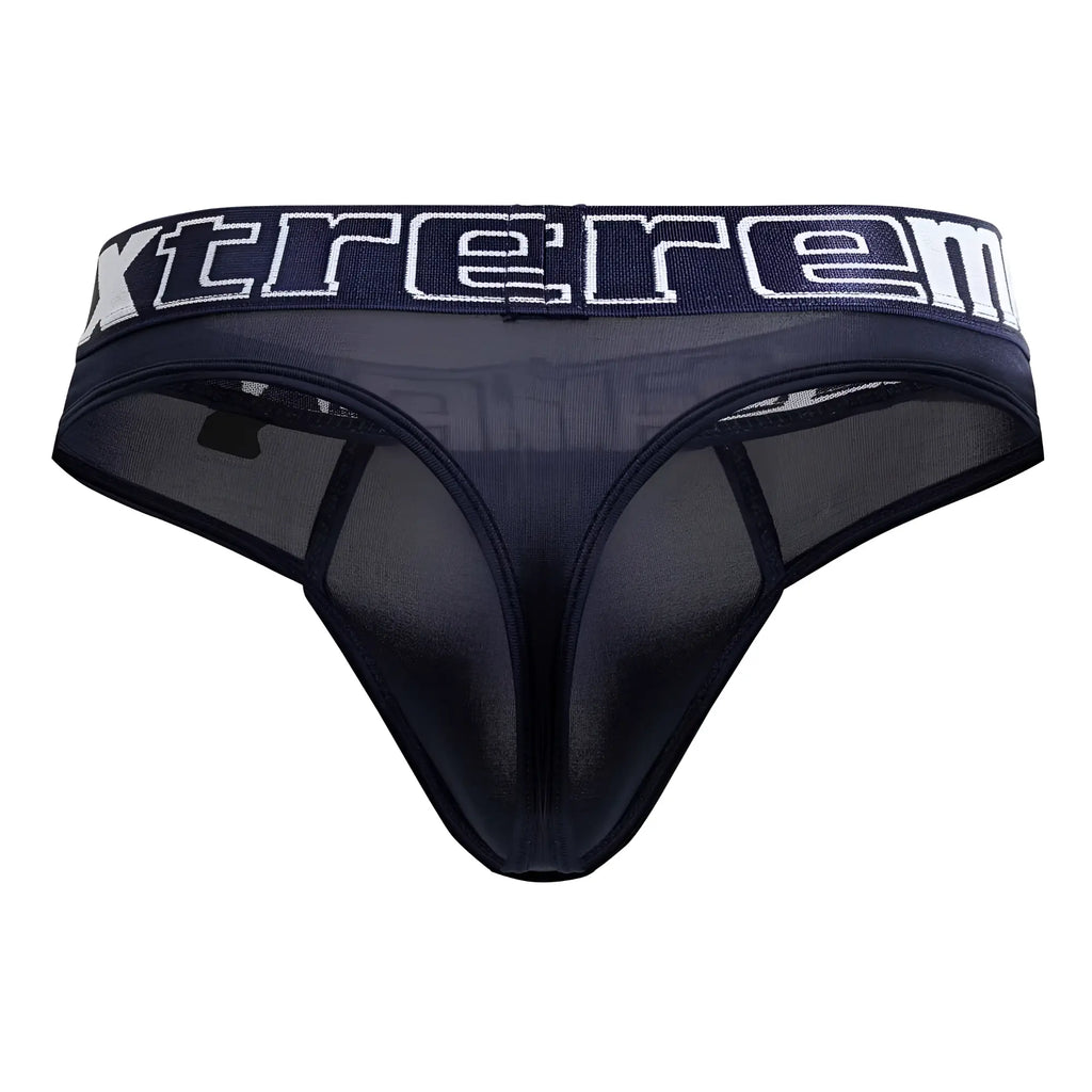 Black sheer mesh microfiber thong with wide waistband featuring white xtreme lettering in navy color