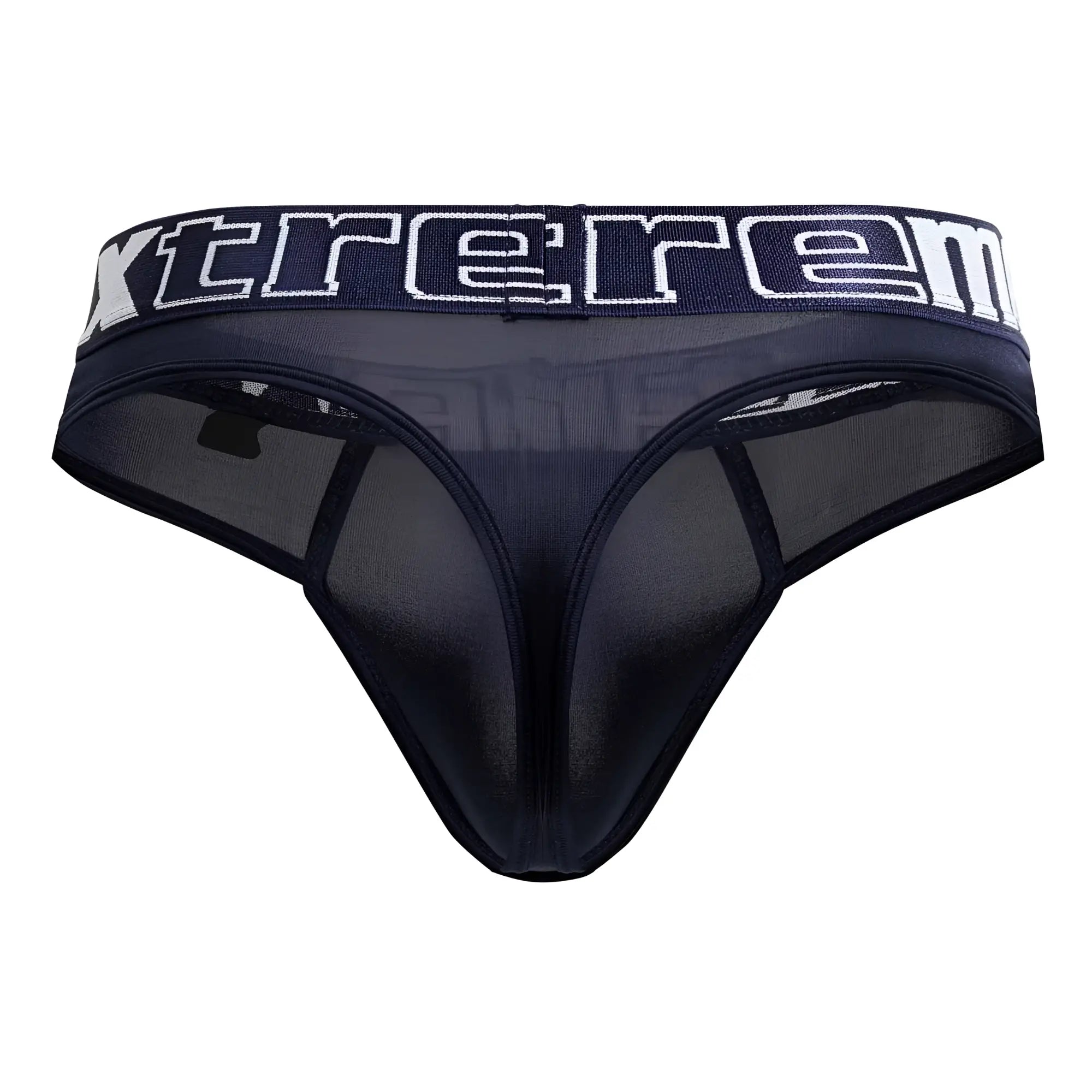 Black sheer mesh microfiber thong with wide waistband featuring white xtreme lettering in navy color