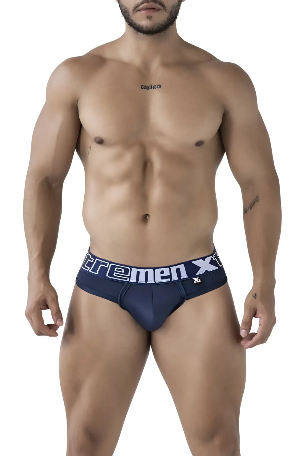 Navy blue Xtremen 91208B microfiber men’s briefs with white and light gray Xtremen x waistband branding