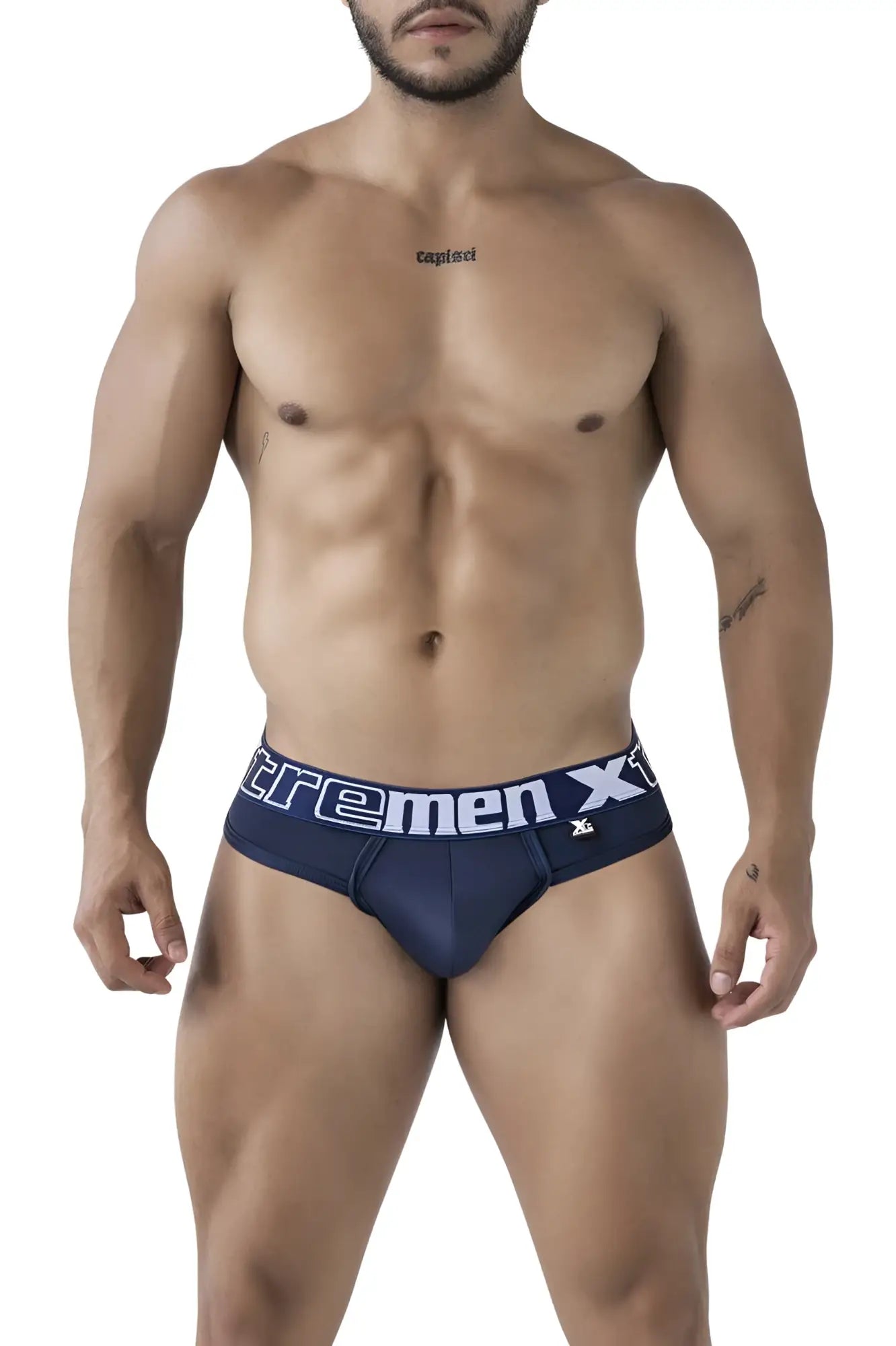 Navy blue Xtremen 91208B microfiber men’s briefs with white and light gray Xtremen x waistband branding